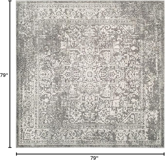 SAFAVIEH Evoke Collection Area Rug - 6'7" Square, Grey & Ivory, Distressed Design, Non-Shedding & Easy to Clean, Ideal for Living Room, Bedroom, Dining Space (EVK256D)