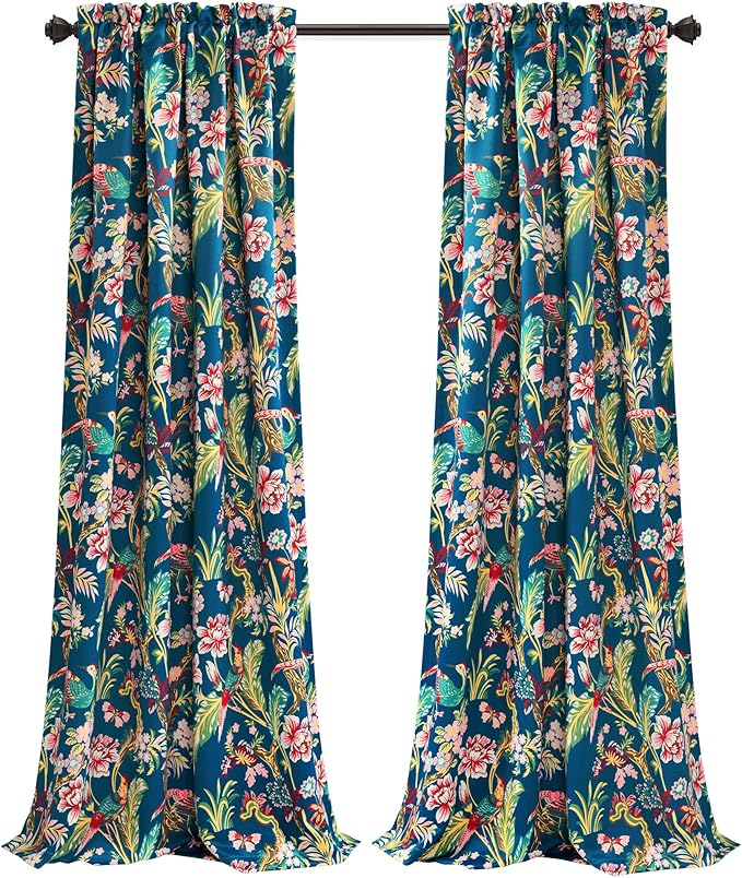 Lush Decor Dolores Light Filtering Window Panels, Pair, 52" W x 95" L, Navy & Multi - Floral Curtains for Bedroom - Vintage Curtains - Coquette Room Decor