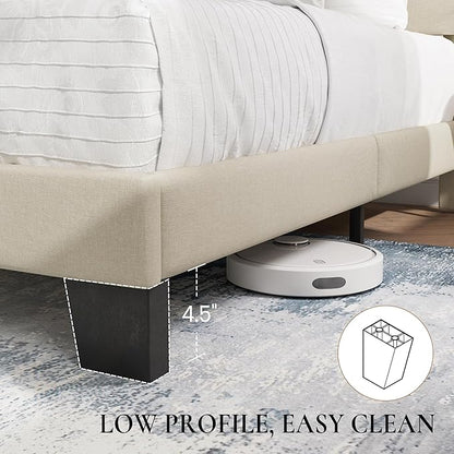 SHA CERLIN Twin Platform Bed Frame with Upholstered Fabric Headboard, Mattress Foundation with Strong Wooden Slats Support, No Box Spring Needed, Beige