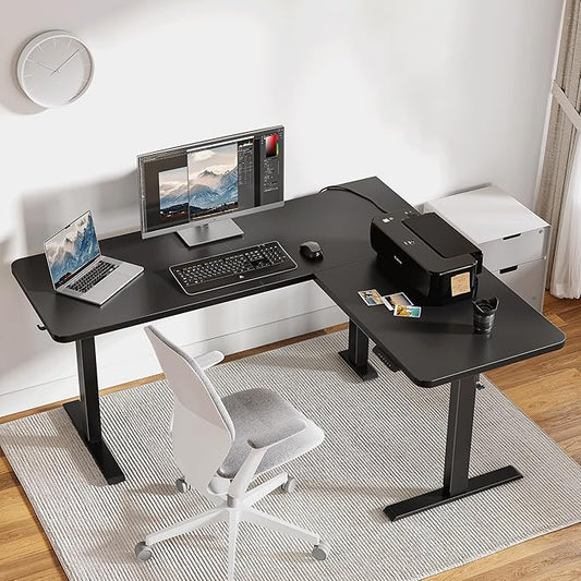 BANTI L-Shaped Standing Desk - 75 x 63 Inch Adjustable Corner Standing Desk with Charging Station - L Shape Sit Stand Table with Memory Controller, Splice Board for Home Office