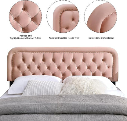 Tufted Upholstered Headboard,Button Solid Wood HeadBoards with Adjustable Height,Modern Performance Velvet Bed Head Boards,Easy Install&Nailhead (Pink, Queen)
