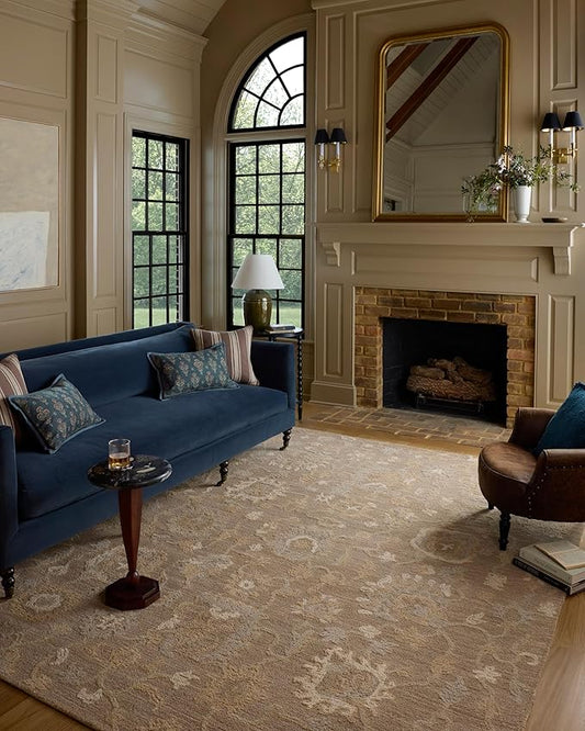 Loloi Chris Loves Julia Dorothea Collection DRT-01 Bark/Stone 5'-0" x 7'-6" Area Rug Wool Neutral Floral Living Room Bedroom Carpet