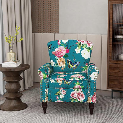 Accent Chair, Upholstered High Back Floral Armchair with Nailhead Trim & Wood Legs, Comfy Wingback Reading Single Sofa Chair for Small Spaces, Living Room, Bedroom (Blue Floral, Set of 1)