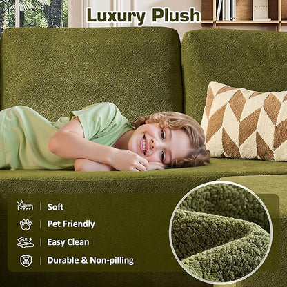 106" Cloud Sectional Couch with L-Shape Chaise & Ottoman, No Assembly Modular Sofa, Deep Seat Corduroy Boneless Couched for Living Room (Green Cloudy Velvet, Left Facing Chaise with Ottoman)