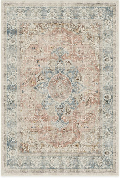 RUGGABLE Washable Vintage Area Rug – Sarrah Coral 6x9, Stain-Resistant, Non-Slip – Medium Machine Washable Rugs for Living Room, Bedroom, Hallway, Entryway & Office–with Cushioned Pad