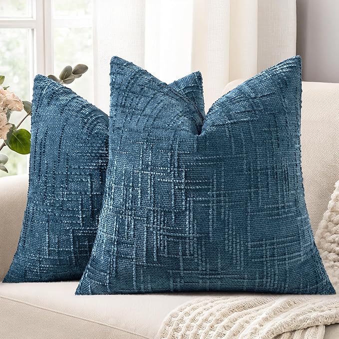 decorUhome Navy Blue Chenille Throw Pillow Covers 18x18 Set of 2 Thick Textured Slubby Couch Pillow Covers Farmhouse Accent Modern Neutral Decorative Pillow Cases for Bed Sofa Living Room