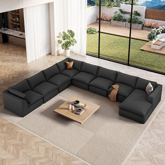 Vesgantti 204.7" Oversized Sectional Boneless Couch, Modern 9 Seater Modular Sofa with Chaise, Deep Seat Convertible Plush Corduroy Cloud Couches for Living Room, No Assembly Required, Dark Gray
