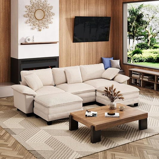123-Inch U Shaped Sectional Sofa with Cloud Cushions, Deep Seat Modular Couch Set w/ 5 Seats & 2 Ottomans, Plush Chenille & Corduroy Upholstery for Living Room, Apartment - Beige