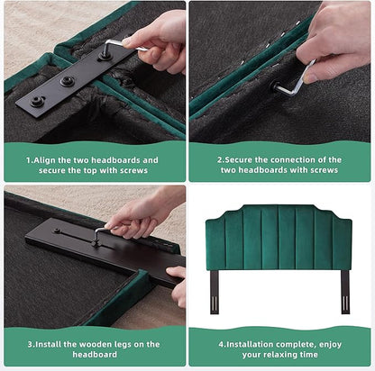 King Upholstered Headboard, Velvet Tufted Headboard only, Elegantly Curved King Size Headboards only, Modern Vertical Channel Design Bed Headboards, Dark Green