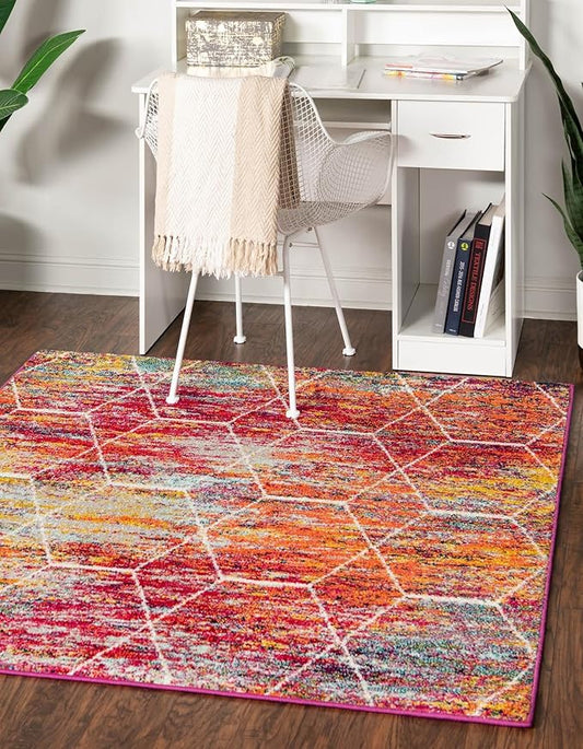 Unique Loom Trellis Frieze Collection Area Rug - Geometric (4' Square, Multi/ Ivory)