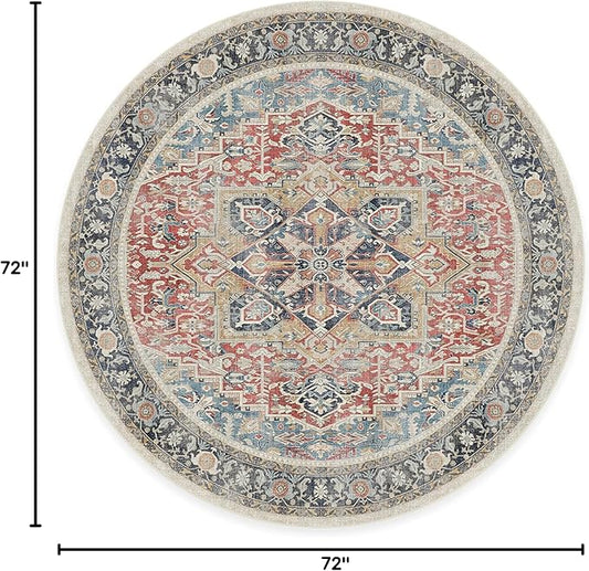 RUGGABLE Washable Vintage Area Rug – Kamran Cayenne Red 6 ft Round, Stain-Resistant, Non-Slip – Medium Machine Washable Rugs for Living Room, Bedroom, Hallway, Entryway & Office–with Standard Pad