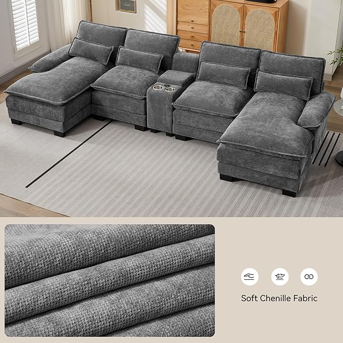 U Shaped Sectional Sofa with Storage Console, Cup Holders & USB Ports, Small Modular Cloud Couch with Deep Seats, Modern Comfy Living Room Sofa for Apartment, Chenille Grey