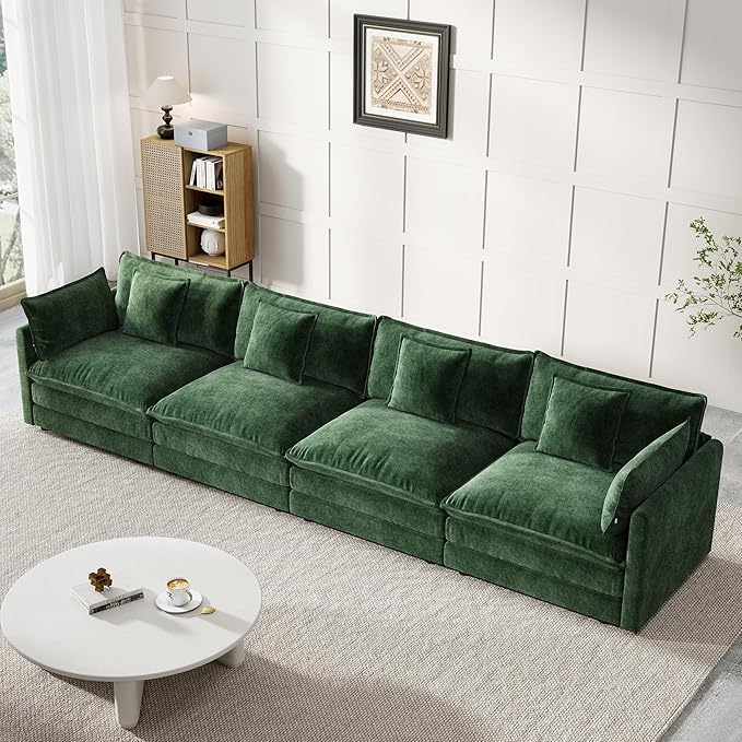 Modular Sectional Sofa, 146.5 Inch I-Shaped Cloud Sofa with Deep Seat Chenille Sofa with Cushions, Four Seater Sectional Sofa for Living Room Apartment,Evergreen