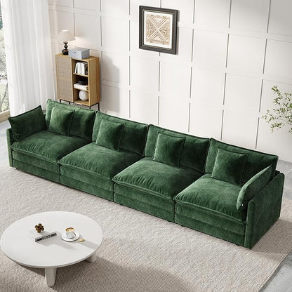 Modular Sectional Sofa, 146.5 Inch I-Shaped Cloud Sofa with Deep Seat Chenille Sofa with Cushions, Four Seater Sectional Sofa for Living Room Apartment,Evergreen