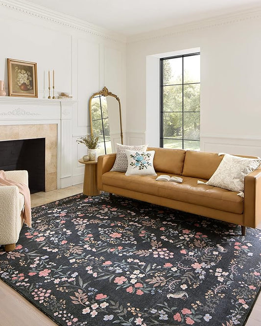 Loloi Rifle Paper Co. Maison Collection MAO-04 Tuileries Black 3'-0" x 3'-0" Round, .19" Pile Height, Accent Rug
