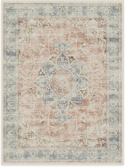 RUGGABLE Washable Vintage Area Rug – Sarrah Coral 9x12, Stain-Resistant, Non-Slip – Large Machine Washable Rugs for Living Room, Bedroom, Hallway, Entryway & Office–with Standard Pad
