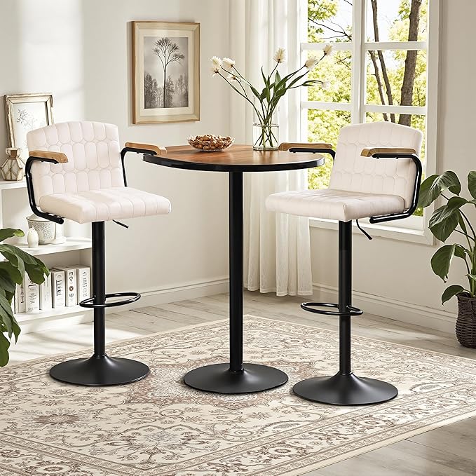 VECELO Bar Stools Set of 2, Adjustable Upholstered Swivel Barstools, Modern Counter Height Bar Stools with Back and Footrest, Island Chairs for Kitchen, Dining Room, Bar