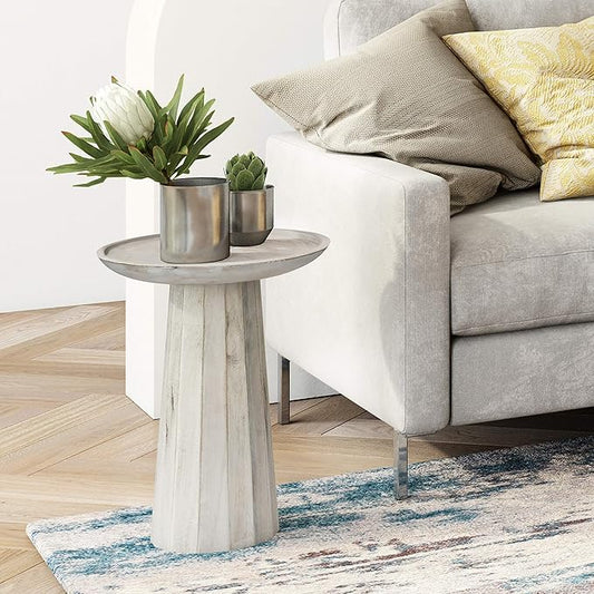 SIMPLIHOME Dayton SOLID MANGO WOOD 13 inch Wide Round Contemporary Wooden Accent Table in White Wash , Fully Assembled for the Living Room and Bedroom