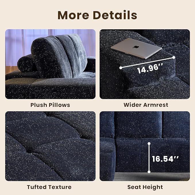 114" Glitter Cloud Sectional Couch with L-Shape Chaise, Modern Boneless Couches for Living Room, Fluffy Tufted Deep Seat Modular Sofa in a Box No Assembly