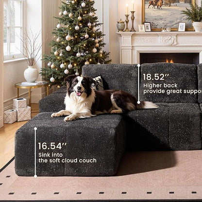 114" Glitter Cloud Sectional Couch with L-Shape Chaise & Ottoman, Modern Boneless Couches for Living Room, Fluffy Tufted Deep Seat Modular Sofa No Assembly (Gray Sparkly Velvet,Right Facing)