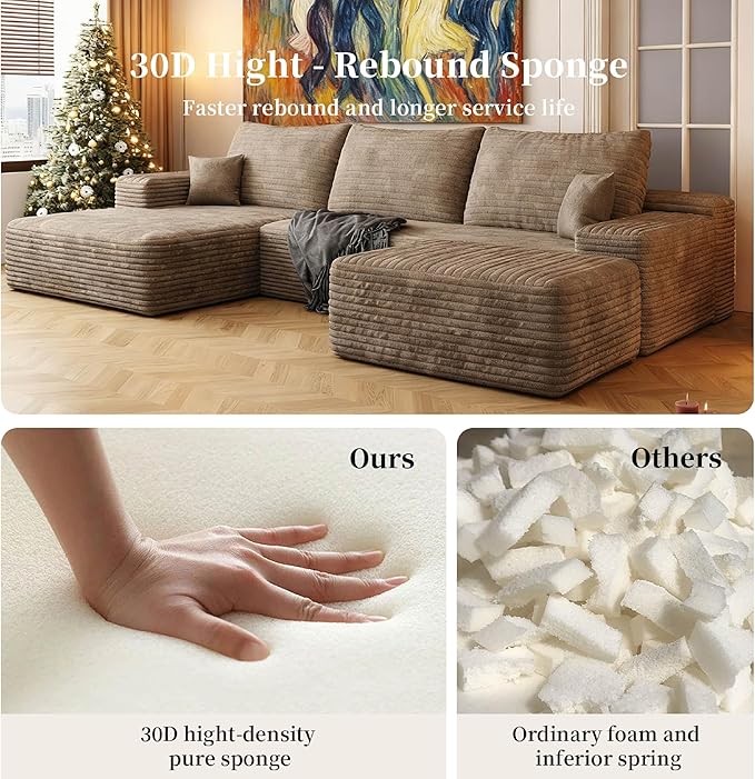 107.5" Compressed Boneless Couch with Ottoman, 2 Seater Large U Shaped Sectional Couches for Living Room, Camel Corduroy Cloud Modular Sectional Sofa, Memory Foam, No Assembly，Light Facing Chaise
