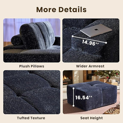 114" Glitter Cloud Sectional Couch with L-Shape Chaise & Ottoman, Modern Boneless Couches for Living Room, Fluffy Tufted Deep Seat Modular Sofa No Assembly (Blue Sparkly Velvet,Right Facing)