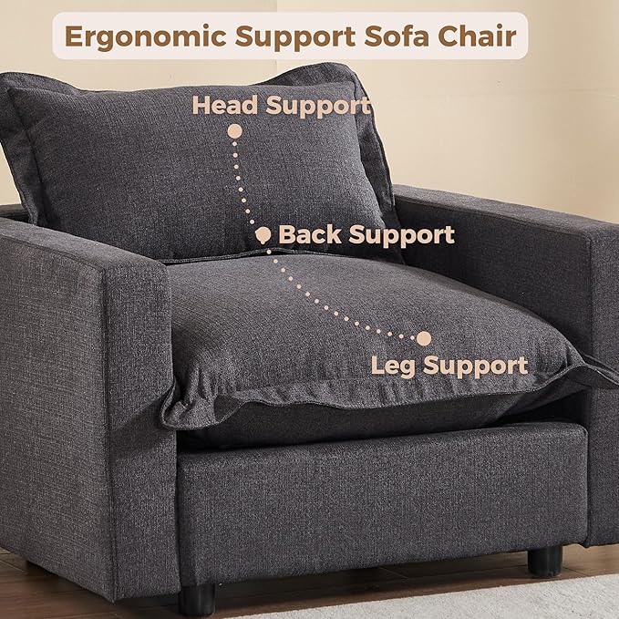 chairus 39.5" Chaise Lounge Chair Indoor with Ottoman, Upholstered Single Sofa Couch Chair Oversized Linen Fabric Reading Armchair for Living Room, Bedroom, Reception Room, Apartment, Black