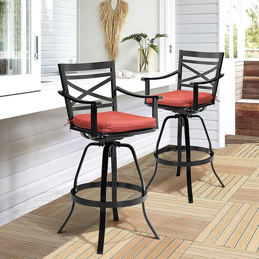 Pellebant 30" Sunbrella Outdoor Bar Stools Set of 6, Aluminum Swivel Patio Bar Height Bar Stools with Back & Footrest, for Deck Lawn Garden(Red)