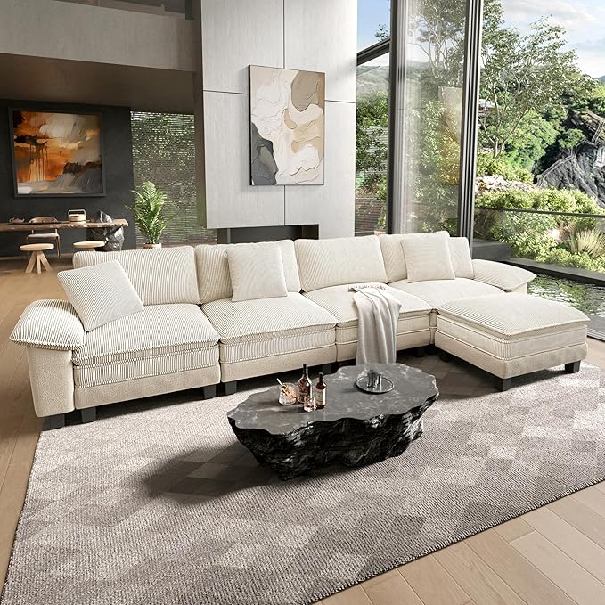 HERA'S HOUSE Oversized Modular Sectional Sofa, 158" L Shaped Cloud Couch with Ottoman and Throw Pillow, Mixed Fabric Sleek Couches for Living Room, Beige