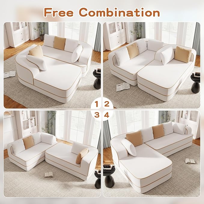 Cloud Sectional Sofa Modern Boneless Couch for Living Room, Comfy Deep Seat Comfy Teddy Fabric Double Sofa Chaise No Assembly Required (White, 106" L Shape with Left Facing)