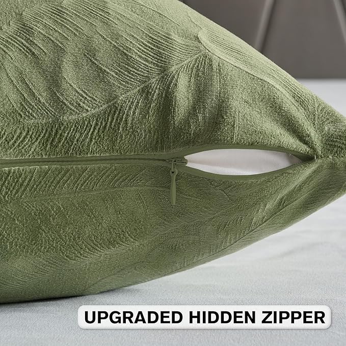 FUTEI Sage Green Velvet Throw Pillow Covers 16x16 Inch Set of 2,Soft Embossed Leaf-Relief Textured Cushion Cases,Natural Home Decor for Couch Living Room