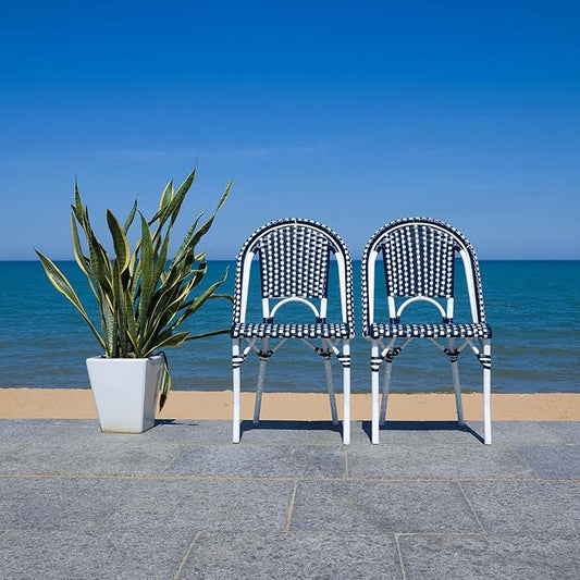 SAFAVIEH Outdoor Collection California Navy/White/White Bistro Side Chair Set of 2 (Fully Assembled)