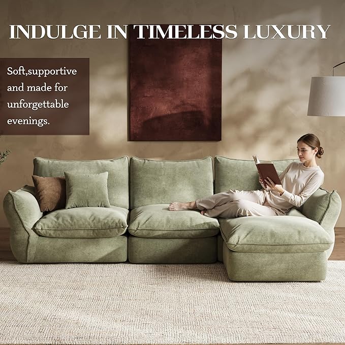 106'' Down Blend L-Shaped Sectional Sofa, Deep Seat Feather-Filled Cushions, Oversized Cloud Couch with Sink-in Comfort, Modern Living Room Sofa – Sage Mist