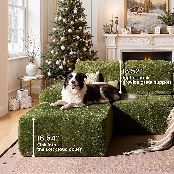 114" Glitter Cloud Sectional Couch with L-Shape Chaise & Ottoman, Modern Boneless Couches for Living Room, Fluffy Tufted Deep Seat Modular Sofa No Assembly (Green Sparkly Velvet,Right Facing)