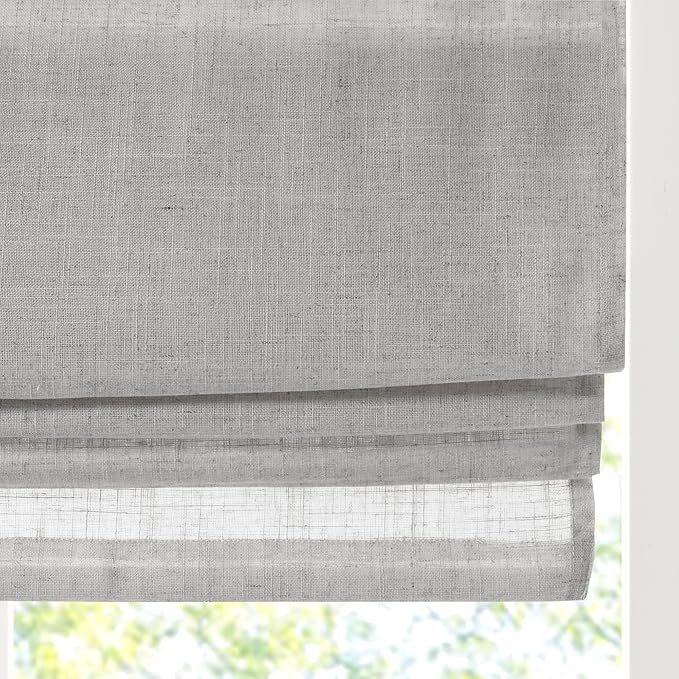 Madison Park Kyler Cordless Roman Shades - Single Panel, Lightweight Linen Blend Fabric, Natural Design, Easy Installation, Light Filtering Window Blind, Bedroom, Living Room Decor 27" W x 64" H Grey
