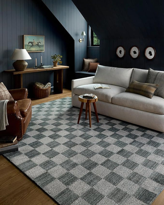 Loloi Chris Loves Julia Calvin Collection CLV-01 Blue/Ivory 6'-3" x 9'-6" Area Rug Checkered Neutral Soft Living Room Bedroom Carpet