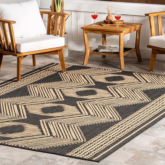 nuLOOM 4' x 6' Outdoor Tribal Geometric Area Rug, Stain Resistant, Weather Resistant, High Traffic, Patio, Balcony, Outside, Ranya Dark Grey