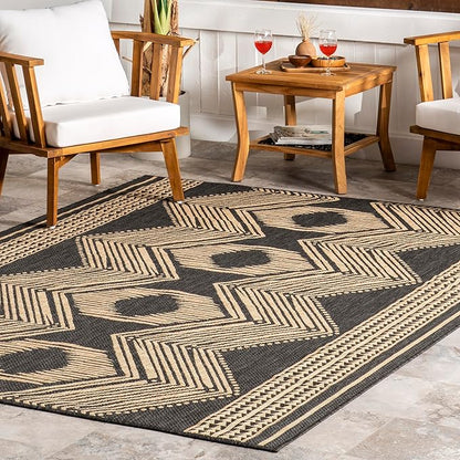 nuLOOM 4' x 6' Outdoor Tribal Geometric Area Rug, Stain Resistant, Weather Resistant, High Traffic, Patio, Balcony, Outside, Ranya Dark Grey