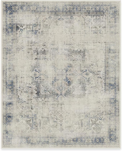 RUGGABLE Washable Vintage Area Rug – Kamran Blue Quartz 8x10, Stain-Resistant, Non-Slip – Large Machine Washable Rugs for Living Room, Bedroom, Hallway, Entryway & Office–with Cushioned Pad