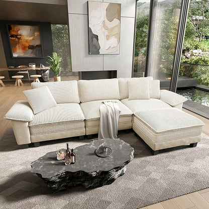 HERA'S HOUSE Oversized Modular Sectional Sofa, 124" L Shaped Cloud Couch with Ottoman and Throw Pillow, Mixed Fabric Sleek Couches for Living Room, Beige
