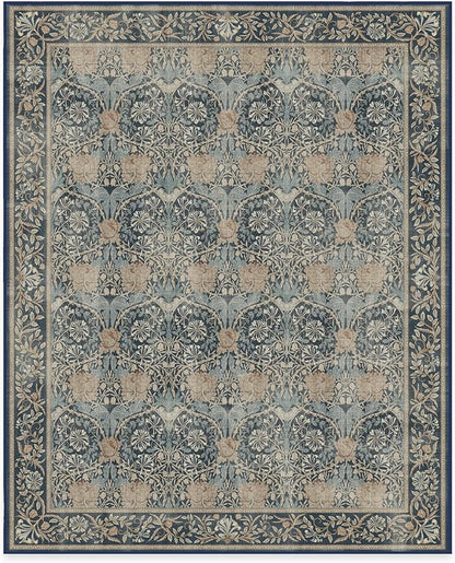 RUGGABLE x Morris & Co Washable Area Rug– Honeysuckle & Tulip Blue 8x10, Stain-Resistant, Non-Slip – Large Machine Washable Rugs for Living Room, Bedroom, Hallway, Entryway & Office–with Standard Pad