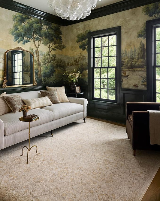 Loloi Chris Loves Julia Palma Collection PLM-01 Ivory/Sand 5'-3" x 7'-6" Fringe Area Rug Vintage Style Boho Living Room Bedroom Carpet
