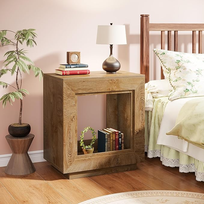 Tribesigns Rustic Wood End Table, 2 Tiered Square Side Table with Storage Shelf, Industrial Sofa Side Table for Living Room, Entrance (2, Natural)