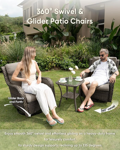 7-Piece Outdoor Wicker Patio Furniture Set with Swivel Glider Chairs,Loveseat, Coffee Table & Ottomans 5” Olefin Cushions Ergonomic Neck-Lumbar Backrest All-Weather Rattan for Garden, Deck, Porch