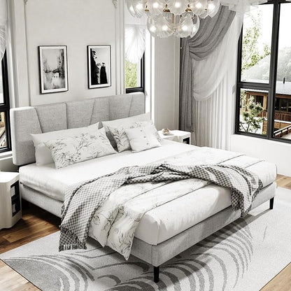 King Size Platform Bed Frame with Upholstered Headboard, Wooden Slats Support, Noise Free, No Box Spring Needed, Easy Assembly, Light Grey, Linen