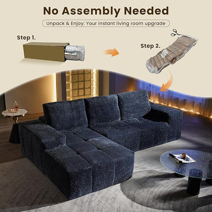 114" Glitter Cloud Sectional Couch with L-Shape Chaise, Modern Boneless Couches for Living Room, Fluffy Tufted Deep Seat Modular Sofa in a Box No Assembly