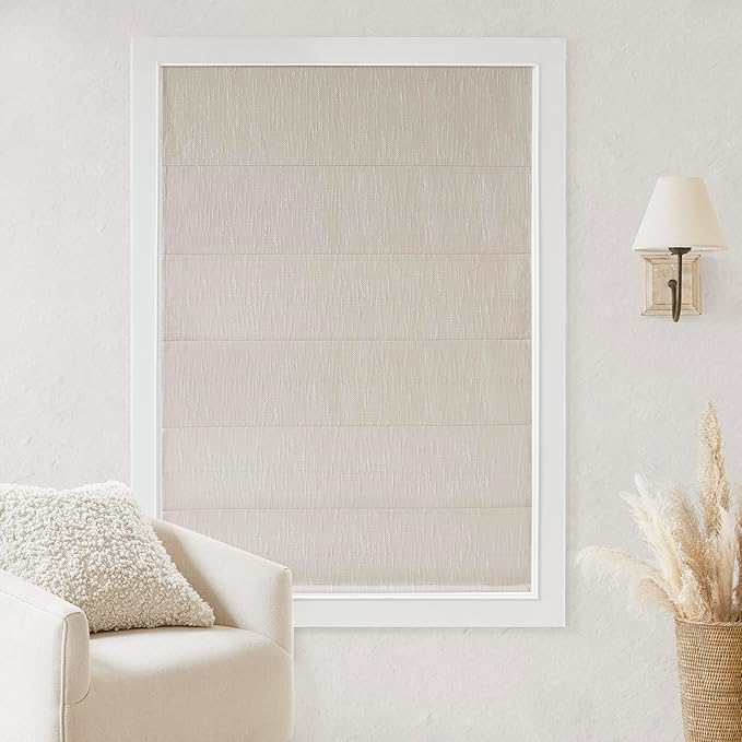 Madison Park Cordless Roman Shades, Total Blackout Window Blind Privacy Window Shades, Thermal Insulated Cordless Window Treatment for Bedroom, Living Room, Quincy, Single Panel 34" W X 64" L Linen