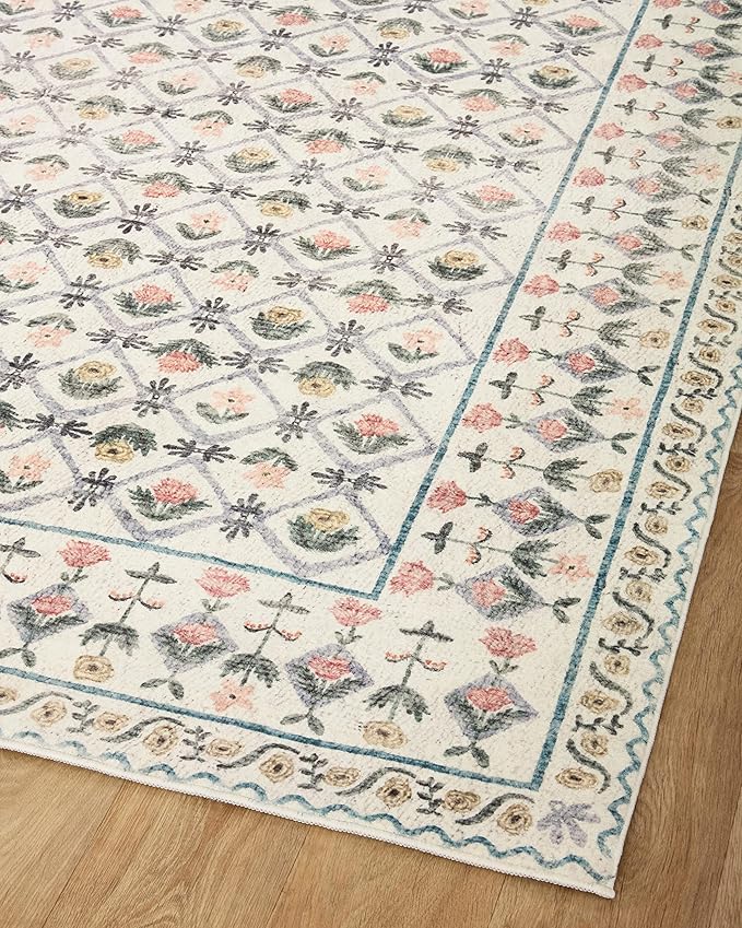 Loloi Rifle Paper Co. Eden Collection EDE-03 Lattice Ivory 5'-0" x 7'-6" Area Rug feat. CloudPile™