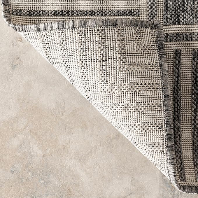 nuLOOM 10' x 14' Outdoor Area Rug, Casual Design with Striped Border, Stain Resistant, Highly Durable, for Patio, Balcony, Bedroom, Living Room, Dining Room, Bathroom, Steel