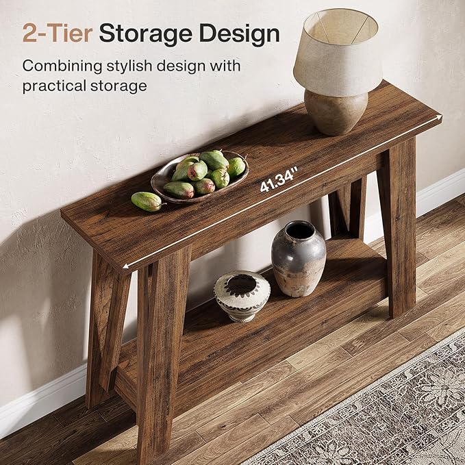 Tribesigns 41.3" Farmhouse Console Table, 2-Tier Wooden Entryway Table with Storage, Rustic Narrow Behind Couch for Living Room, Hallway, Foyer, Rustic Brown